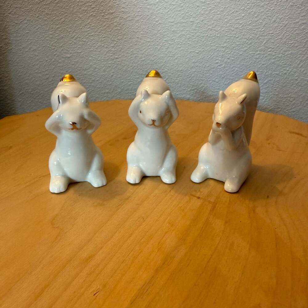 Ceramic White and Gold Squirrel Figurines Hear See Speak No Evil Set of 3